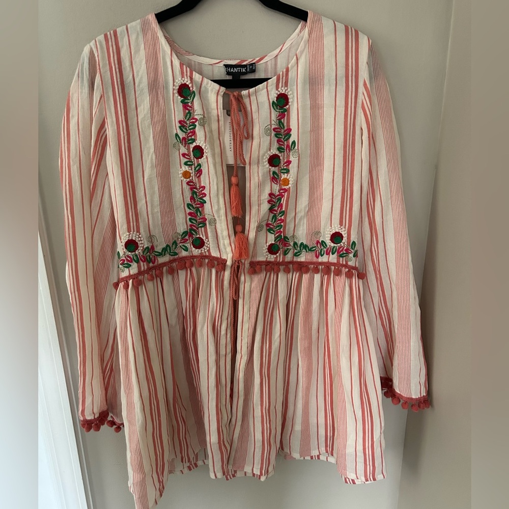 ANTHROPOLOGIE CHANTIK LOVINA BLOUSE EMBROIDERED POM POMS FLORAL SIZE SMALL NWT